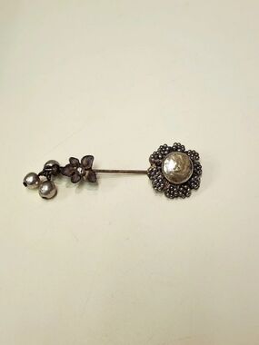 Miriam Haskell Vintage Faux Pearl Floral Stick Pin Brown & Silver